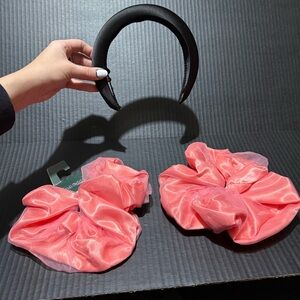3 pc Black Satin Puff Crown Headband Oversized Peach Organza Scrunchie Cuff Set